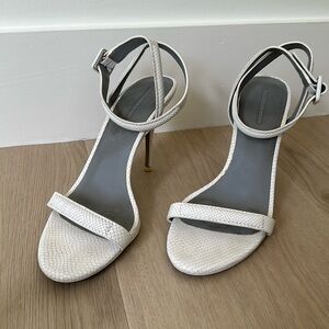 White leather strappy ankle buckle high heel sandal